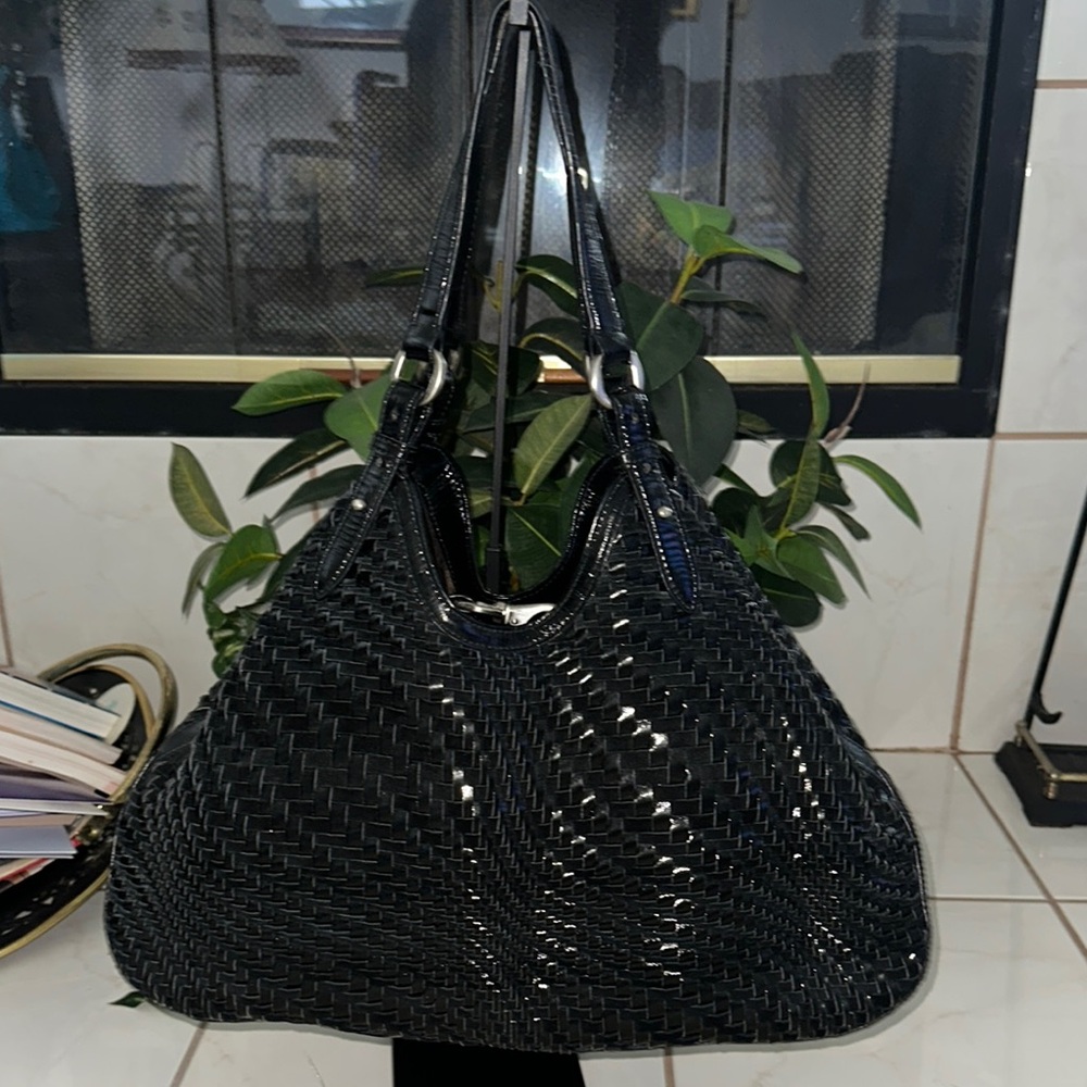 Cole Haan Genevieve Woven Leather Weave Brown Triangle Tote Hand Bag Purse - Picture 7 of 13